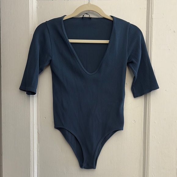 Zara Blue Deep V-Neck Bodysuit - Picture 1 of 4